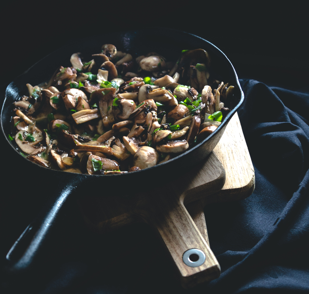 A pan with mushrooms.