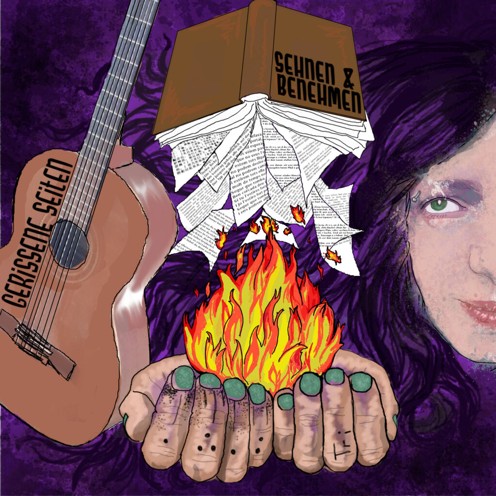 Das gezeichnete Album Cover von Sehnen & Benehmen: aus einem Buch fallen herausgerissene Seiten in eine Flamme. Die Flamme wird von zwei tätowierten Händen gehalten. Links ist eine Gitarre, rechts Namis Gesicht.