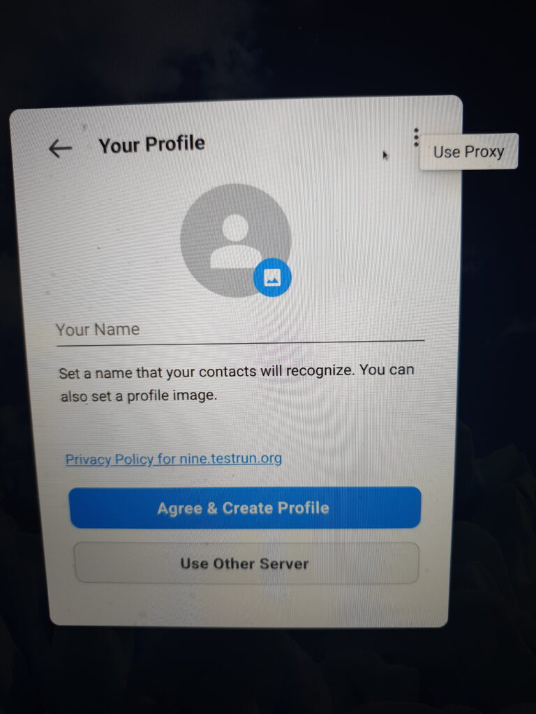 The account creation view in Delta Chat, in the top right you can see the proxy menu.