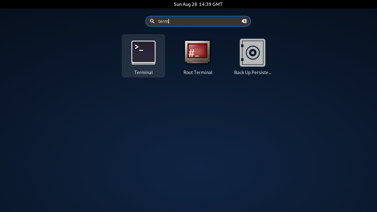 [A screenshot of the Gnome Search, looking for a terminal