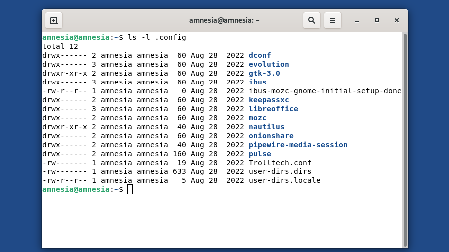 A terminal which shows that no DeltaChat folder is in .config yet.