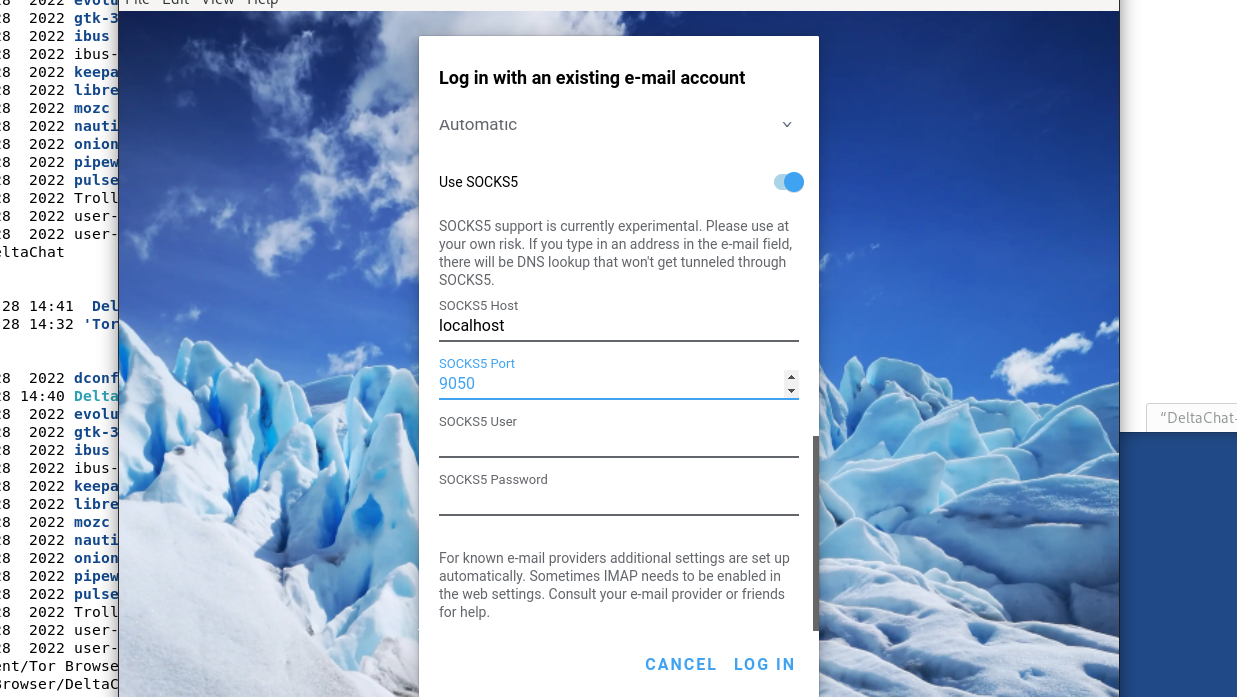 A screenshot of the SOCKS5 proxy settings in Delta Chat.