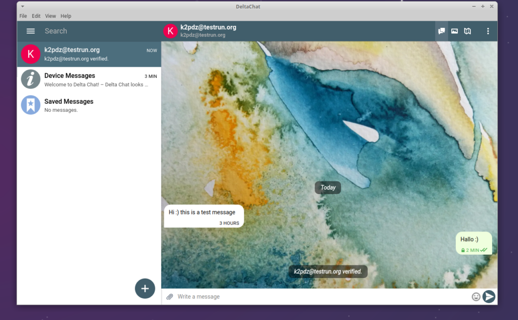 The chat between the two conversation partners. A badge appeared which says: "k2pdz@testun.org verified."