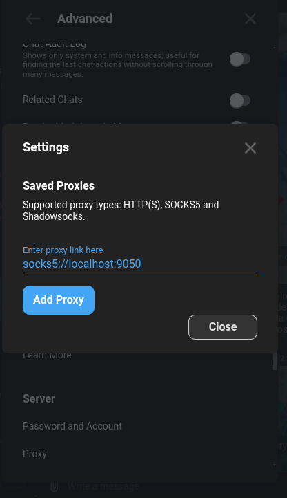 The proxy menu in the advanced settings of Delta Chat, the proxy link says "socks5://localhost:9050".