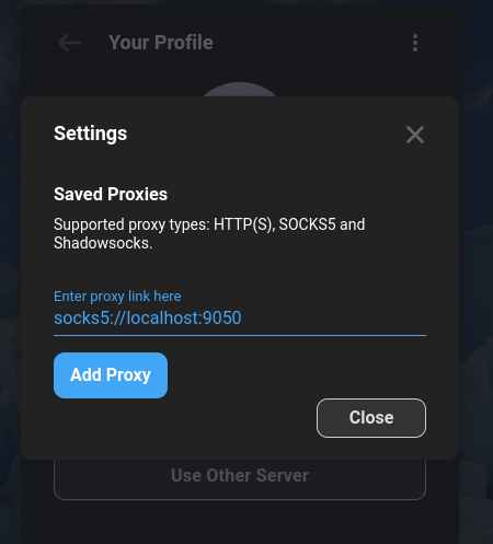 The proxy menu in the profile creation view, in the text field it shows "socks5://localhost:9050".