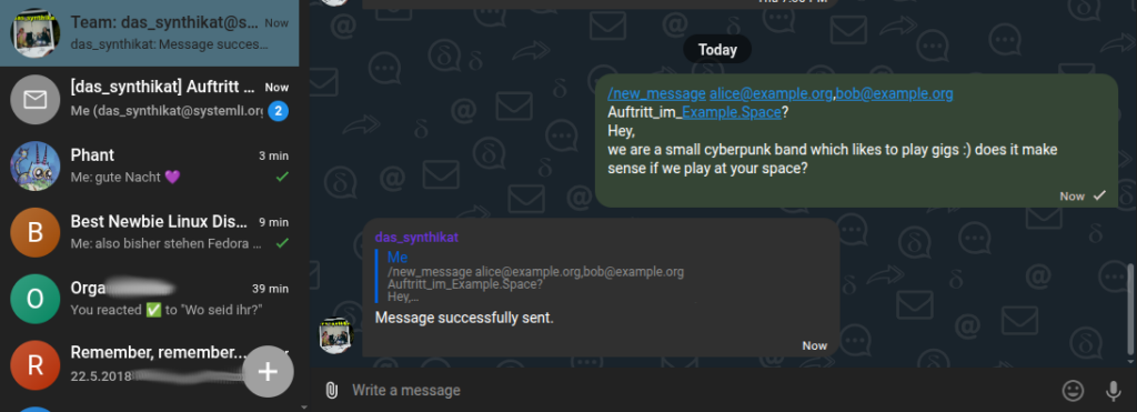 A Delta Chat Desktop client showing the Team Chat, where a new message was sent via the team-bot.