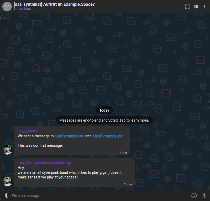 A Delta Chat Desktop client, the relay group for the new message was just opened.