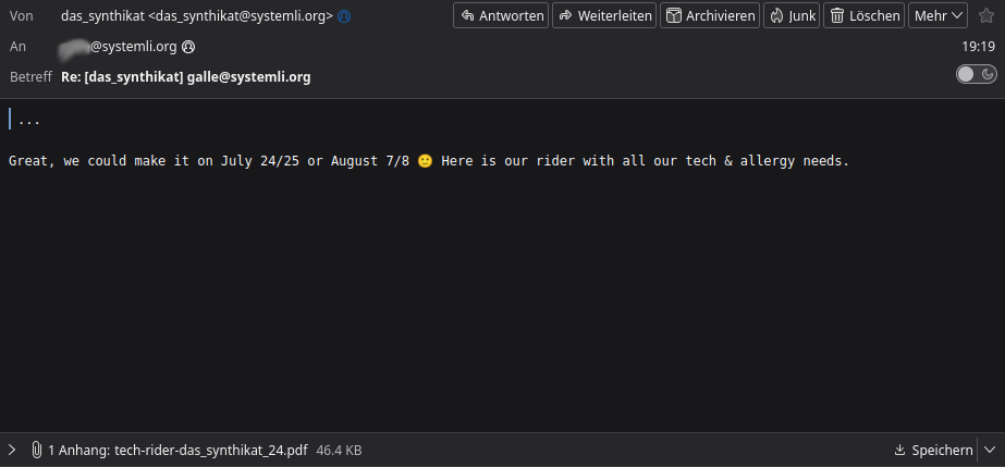 The Email the team-bot sent to the outside contact, as it looks like in Thunderbird.